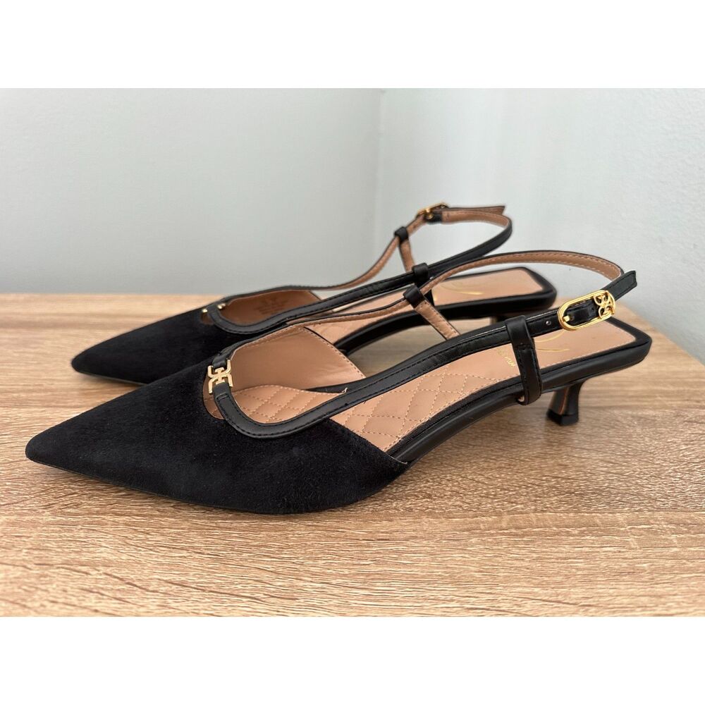 Sam Edelman Toni Slingback Pointed Toe Kitten Heel Pump size 7.5 Black Suede - Picture 6 of 14